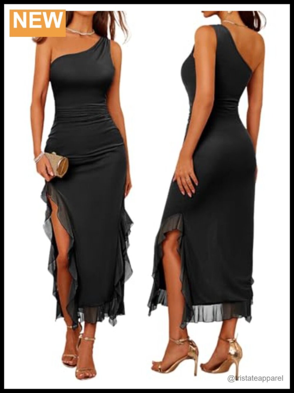 Women's Formal One Shoulder Mesh Ruched Bodycon Maxi Ruffle Slit Dress